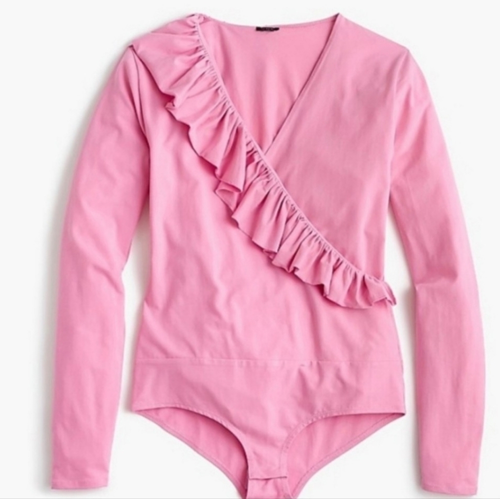 J. Crew Pink Ruffle Front Wrap Bodysuit Deep Blossom Size XS